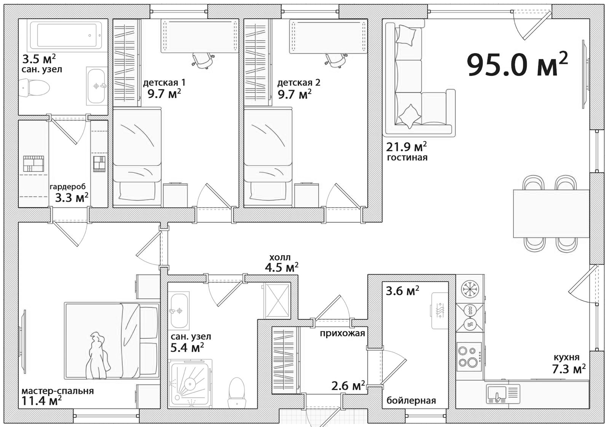 Планировка — Коттеджный поселок Рябиновый, 3-комн., 95 м²