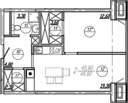 Планировка — АКСИС Центр, 2-комн., 46 м²
