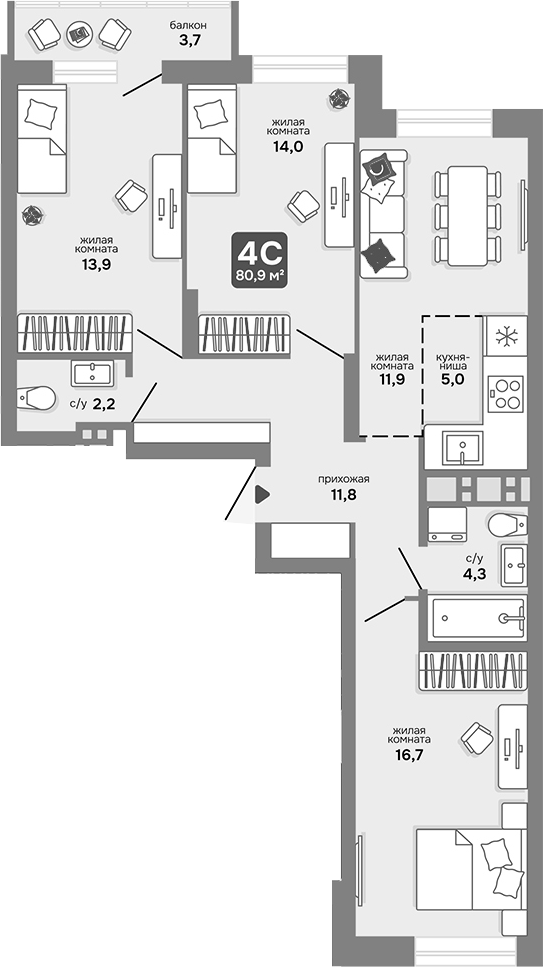 Планировка — Счастливый квартал, 4-комн., 80 м²