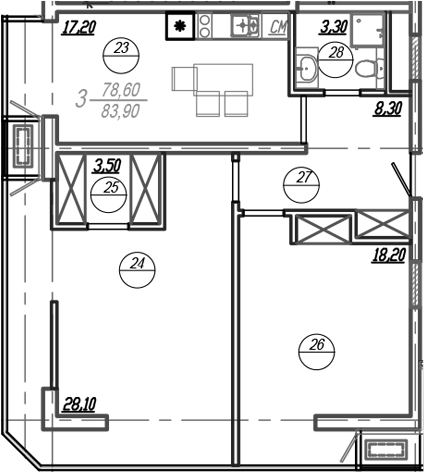 Планировка — АКСИС Центр, 3-комн., 79 м²