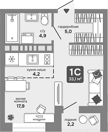 Планировка — Счастливый квартал, Студия, 32 м²