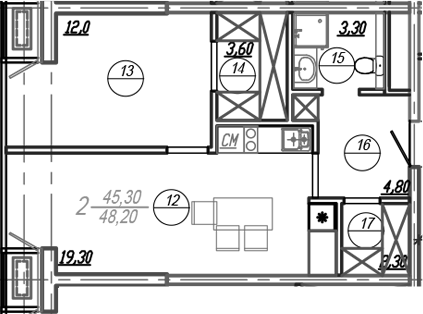 Планировка — АКСИС Центр, 2-комн., 45 м²