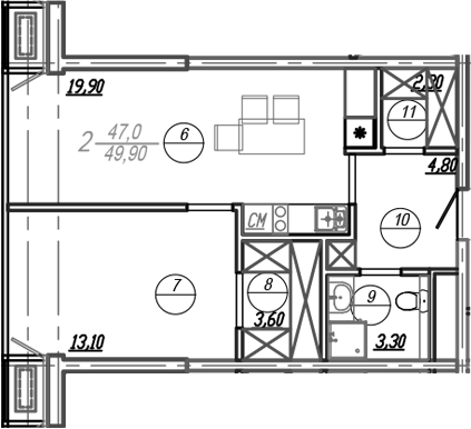 Планировка — АКСИС Центр, 2-комн., 47 м²