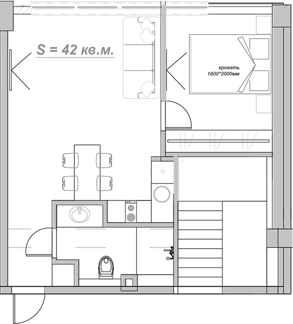Планировка — Mirror, 1-комн., 44 м²