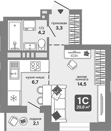 Планировка — Счастливый квартал, Студия, 29 м²