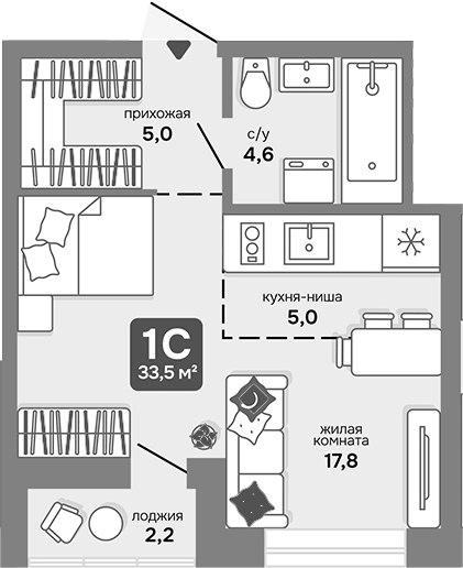 Планировка — Счастливый квартал, Студия, 32 м²