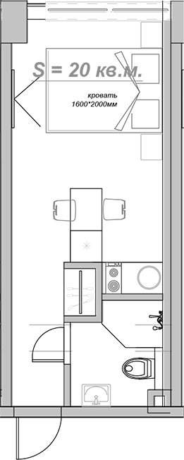 Планировка — Mirror, 1-комн., 19 м²