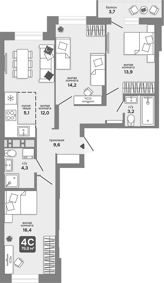 Планировка — Счастливый квартал, 4-комн., 79 м²
