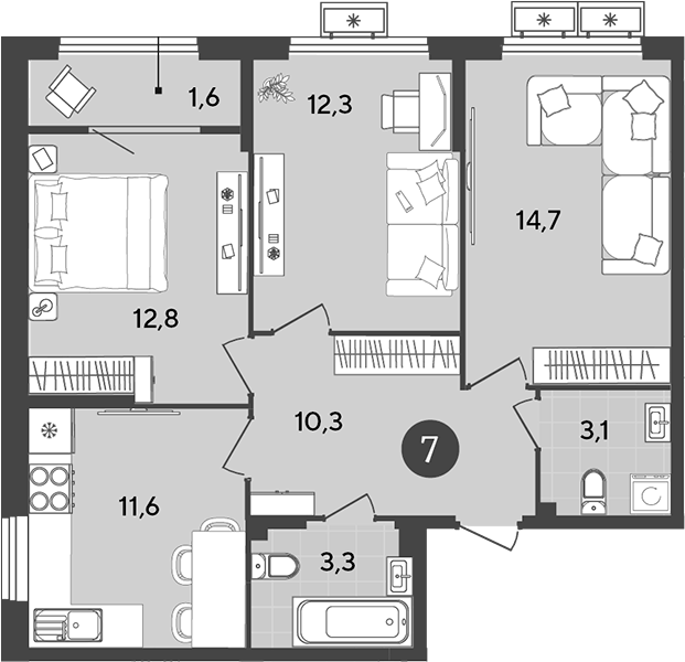 Планировка — Порто-Ново, 3-комн., 68 м²