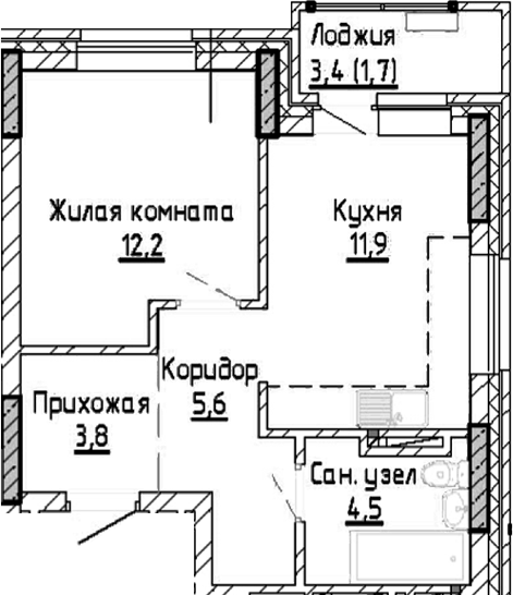 Планировка — Расцветай на Красном, 1-комн., 38 м²