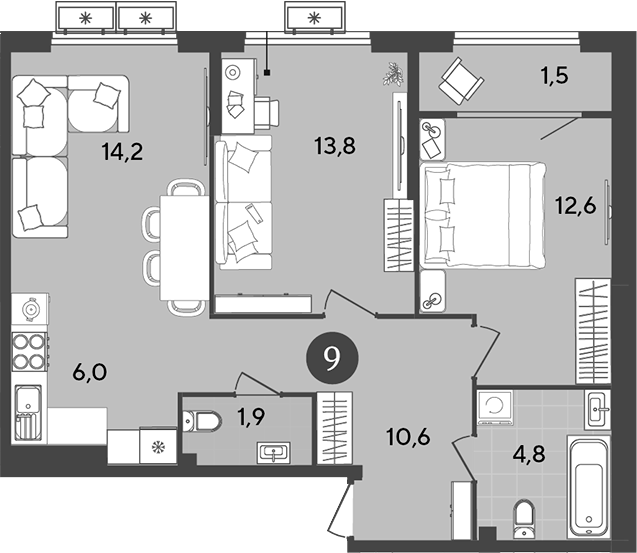 Планировка — Порто-Ново, 3-комн., 64 м²