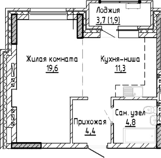 Планировка — Расцветай на Красном, Студия, 40 м²