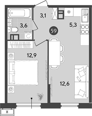 Планировка — Порто-Ново, 2-комн., 38 м²