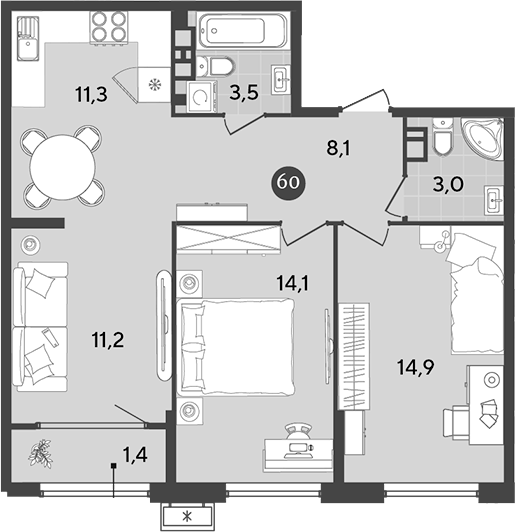 Планировка — Порто-Ново, 3-комн., 66 м²