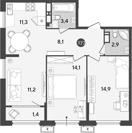 Планировка — Порто-Ново, 3-комн., 66 м²