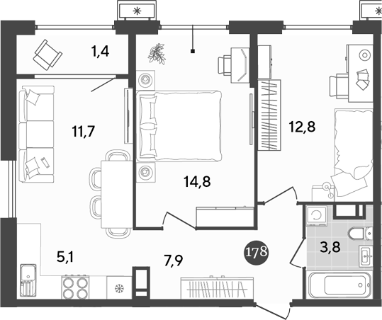 Планировка — Порто-Ново, 3-комн., 56 м²