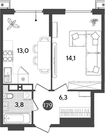 Планировка — Порто-Ново, 1-комн., 37 м²