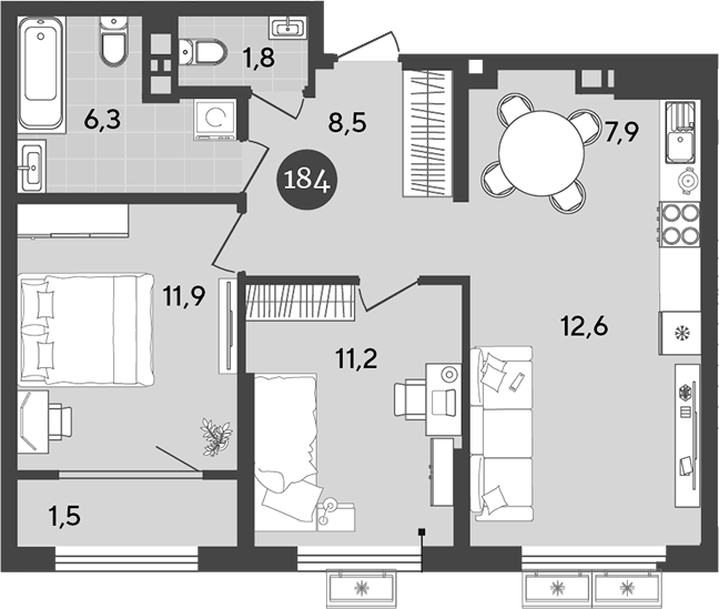 Планировка — Порто-Ново, 3-комн., 60 м²