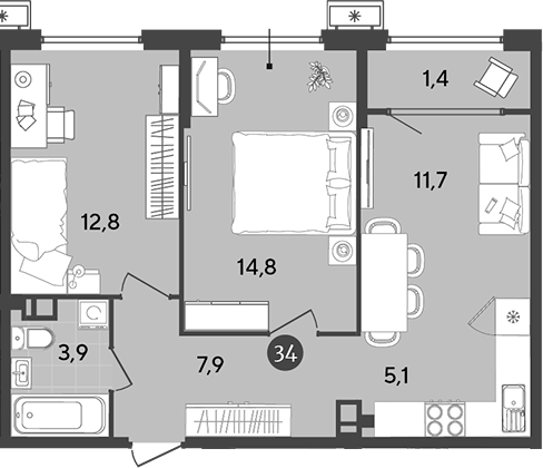 Планировка — Порто-Ново, 3-комн., 56 м²