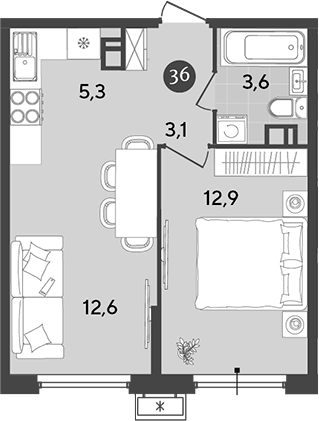 Планировка — Порто-Ново, 2-комн., 38 м²