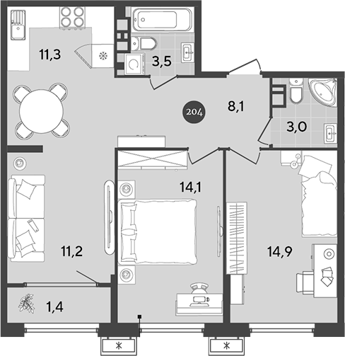 Планировка — Порто-Ново, 3-комн., 66 м²