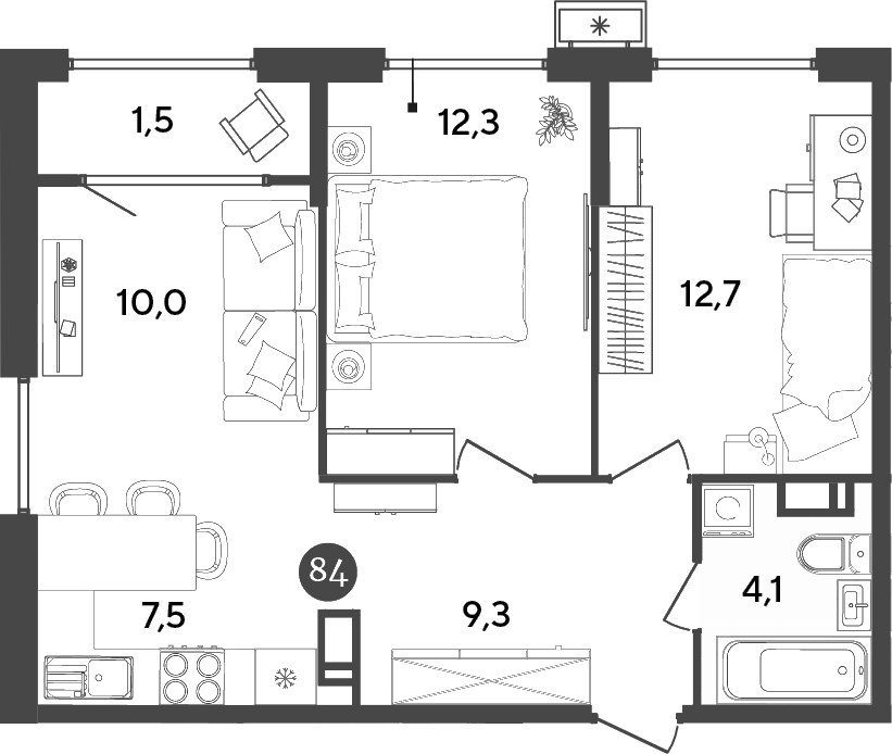 Планировка — Порто-Ново, 3-комн., 56 м²