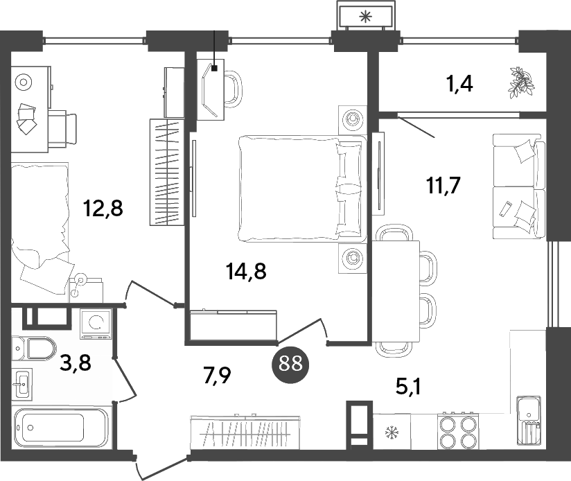 Планировка — Порто-Ново, 3-комн., 56 м²