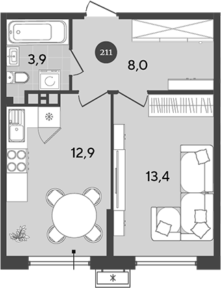 Планировка — Порто-Ново, 1-комн., 38 м²