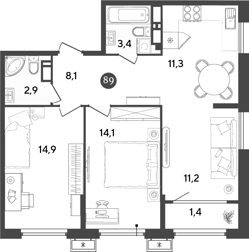 Планировка — Порто-Ново, 3-комн., 66 м²