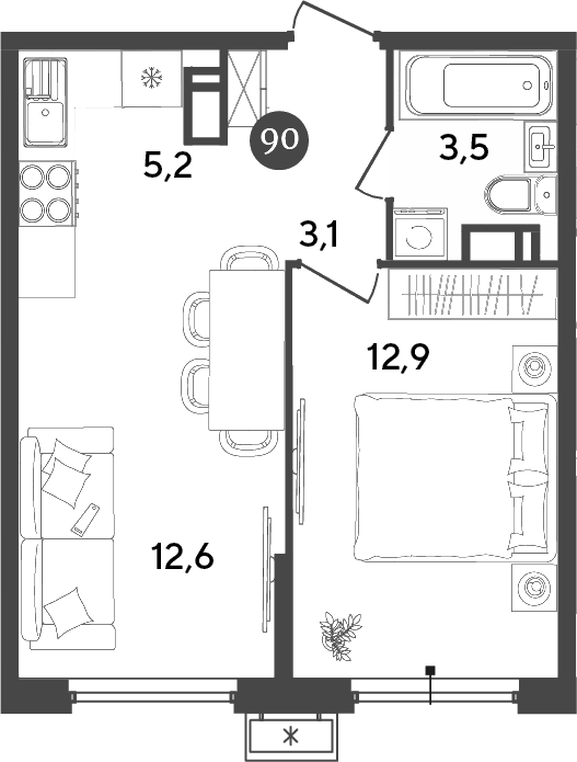 Планировка — Порто-Ново, 2-комн., 37 м²