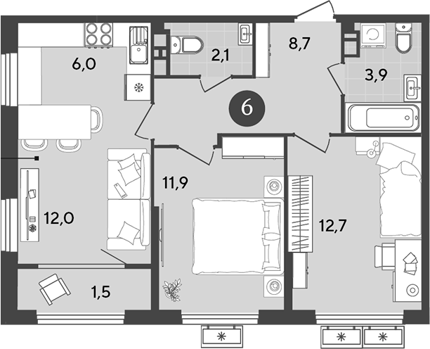 Планировка — Порто-Ново, 3-комн., 57 м²