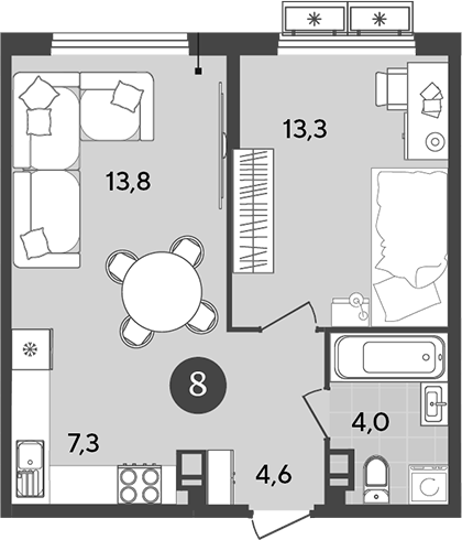 Планировка — Порто-Ново, 1-комн., 43 м²