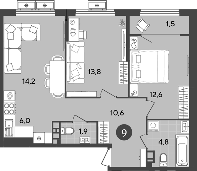 Планировка — Порто-Ново, 3-комн., 64 м²