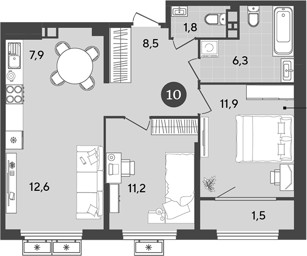 Планировка — Порто-Ново, 3-комн., 60 м²