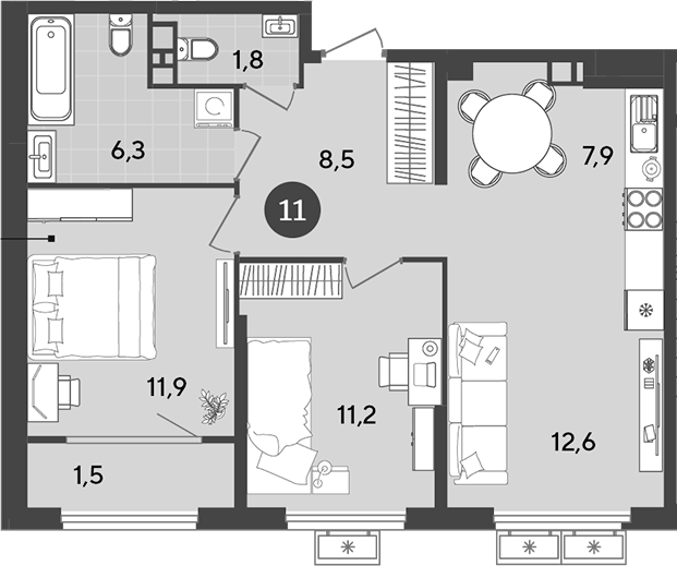 Планировка — Порто-Ново, 3-комн., 60 м²