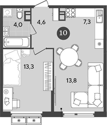 Планировка — Порто-Ново, 2-комн., 43 м²