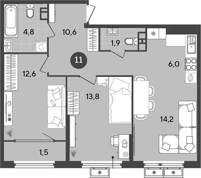 Планировка — Порто-Ново, 3-комн., 64 м²