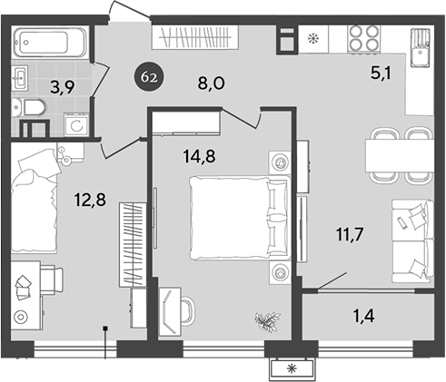 Планировка — Порто-Ново, 3-комн., 56 м²