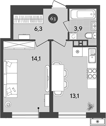 Планировка — Порто-Ново, 1-комн., 37 м²