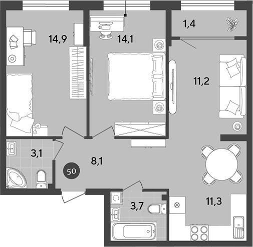 Планировка — Порто-Ново, 3-комн., 66 м²
