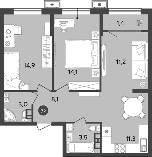 Планировка — Порто-Ново, 3-комн., 66 м²