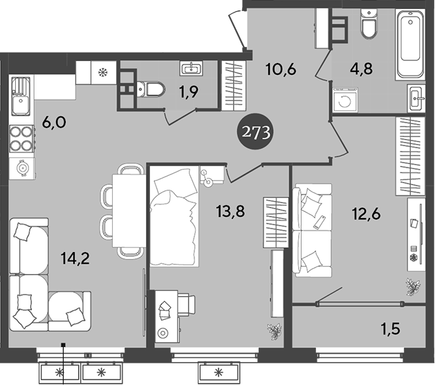 Планировка — Порто-Ново, 3-комн., 64 м²