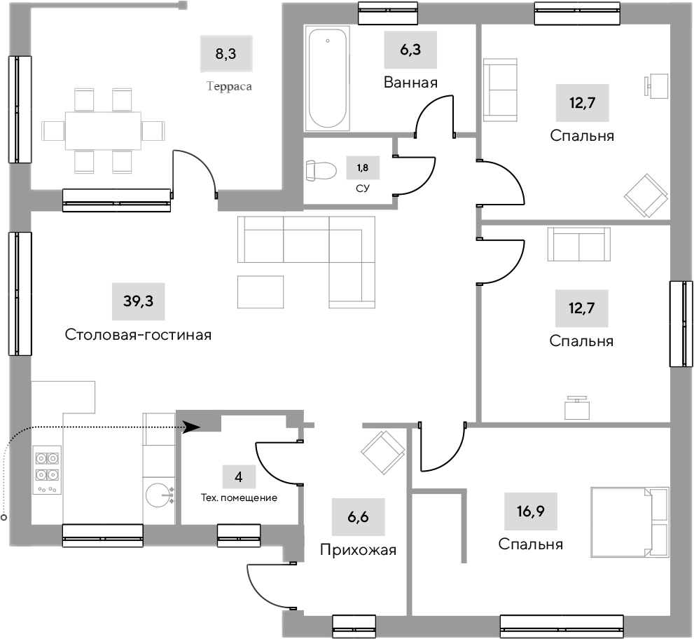Планировка — Коттеджный поселок Семигорье, 3-комн., 100 м²