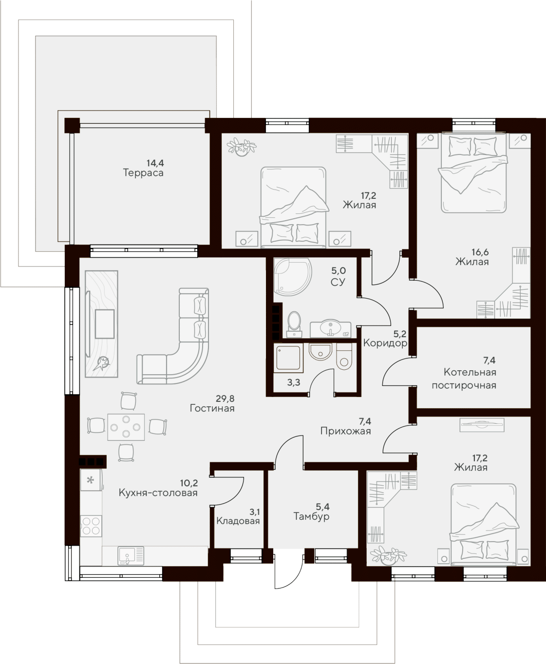 Планировка — Коттеджный поселок Семигорье, 4-комн., 128 м²