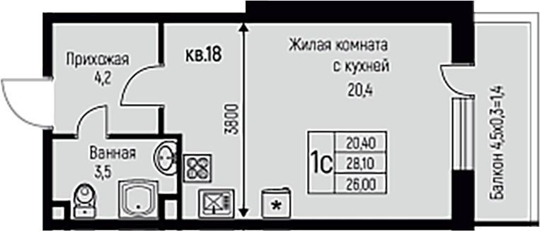 Планировка — Nova Vita, Студия, 28 м²