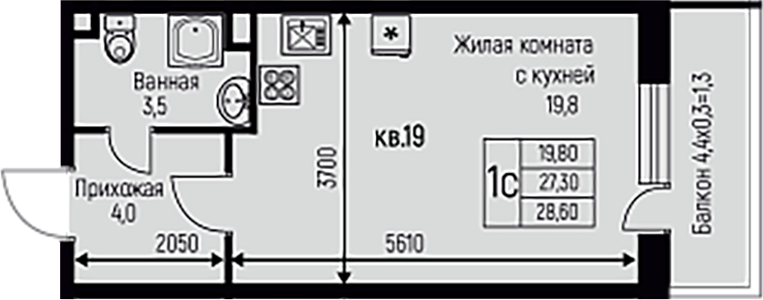 Планировка — Nova Vita, Студия, 27 м²