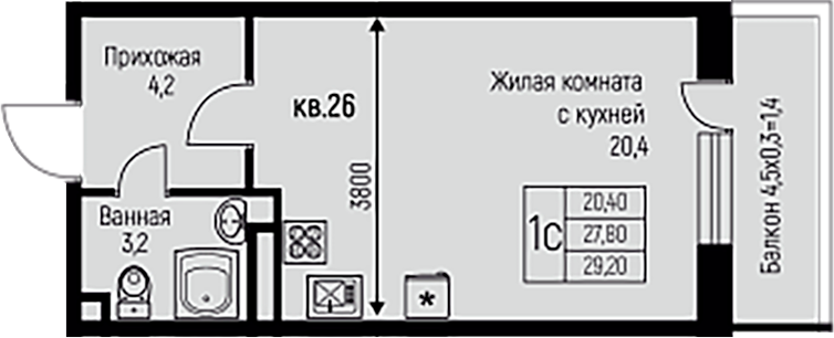 Планировка — Nova Vita, Студия, 28 м²