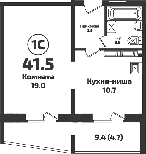 Планировка — Приозерный, Студия, 37 м²