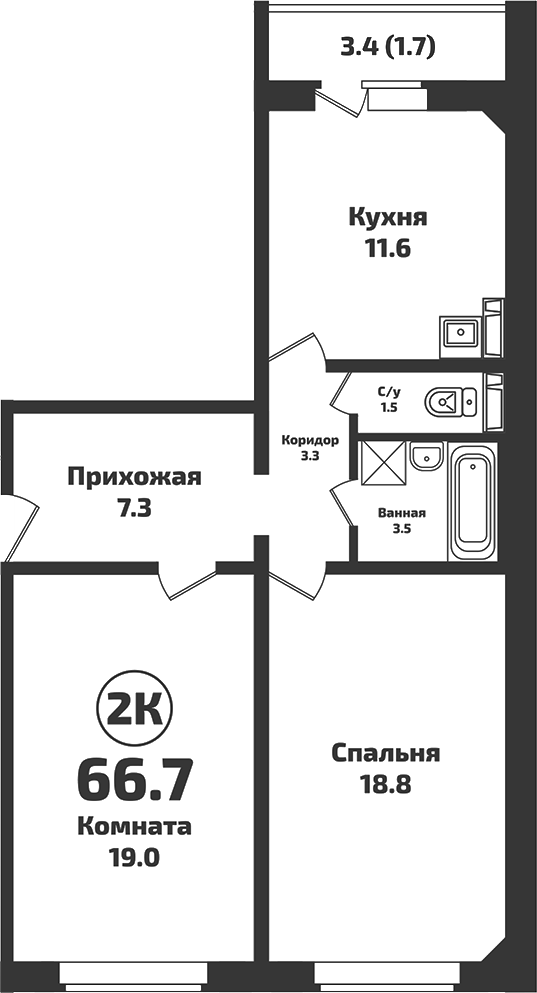 Планировка — Приозерный, 2-комн., 65 м²