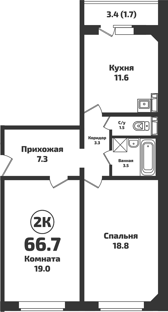 Планировка — Приозерный, 2-комн., 65 м²